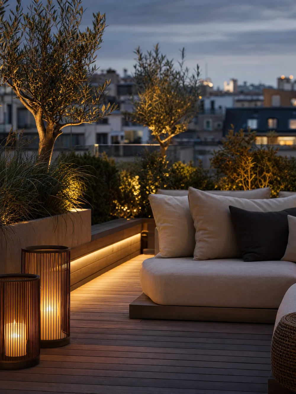 Terrasse am Abend mit Pflanzen und warmem Licht