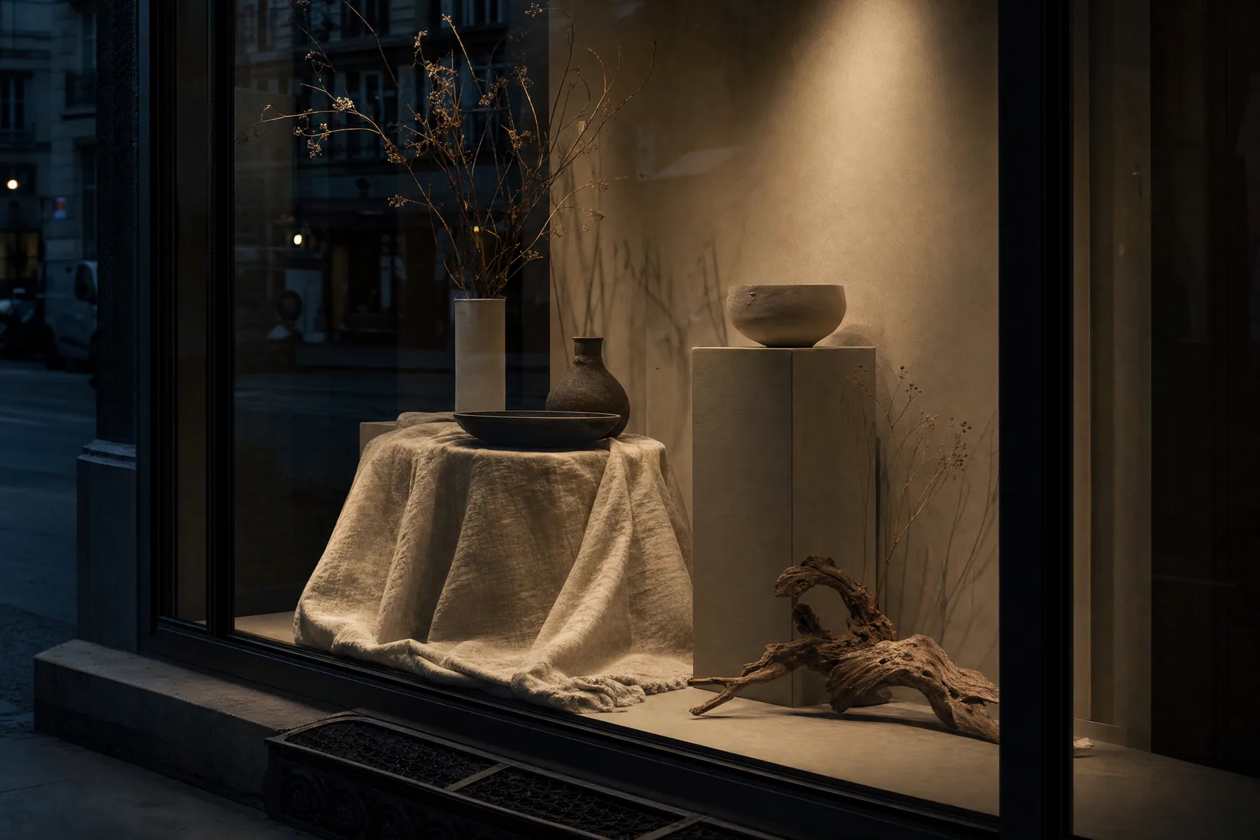 Gestaltete Schaufensterauslage bei Abendlicht