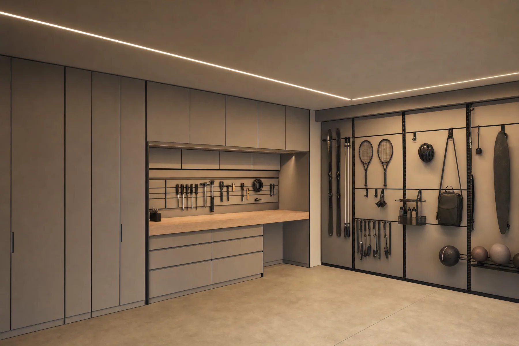 Garage mit durchdachtem Ordnungssystem an der Wand