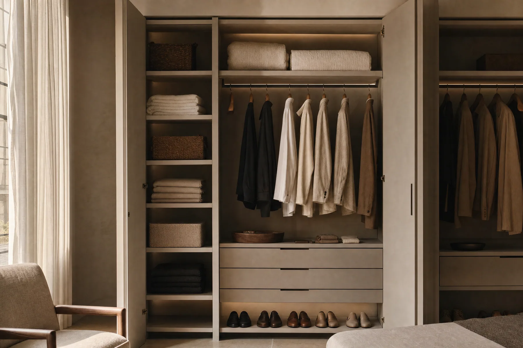 Geordneter Einbauschrank mit klar sortierten Fächern