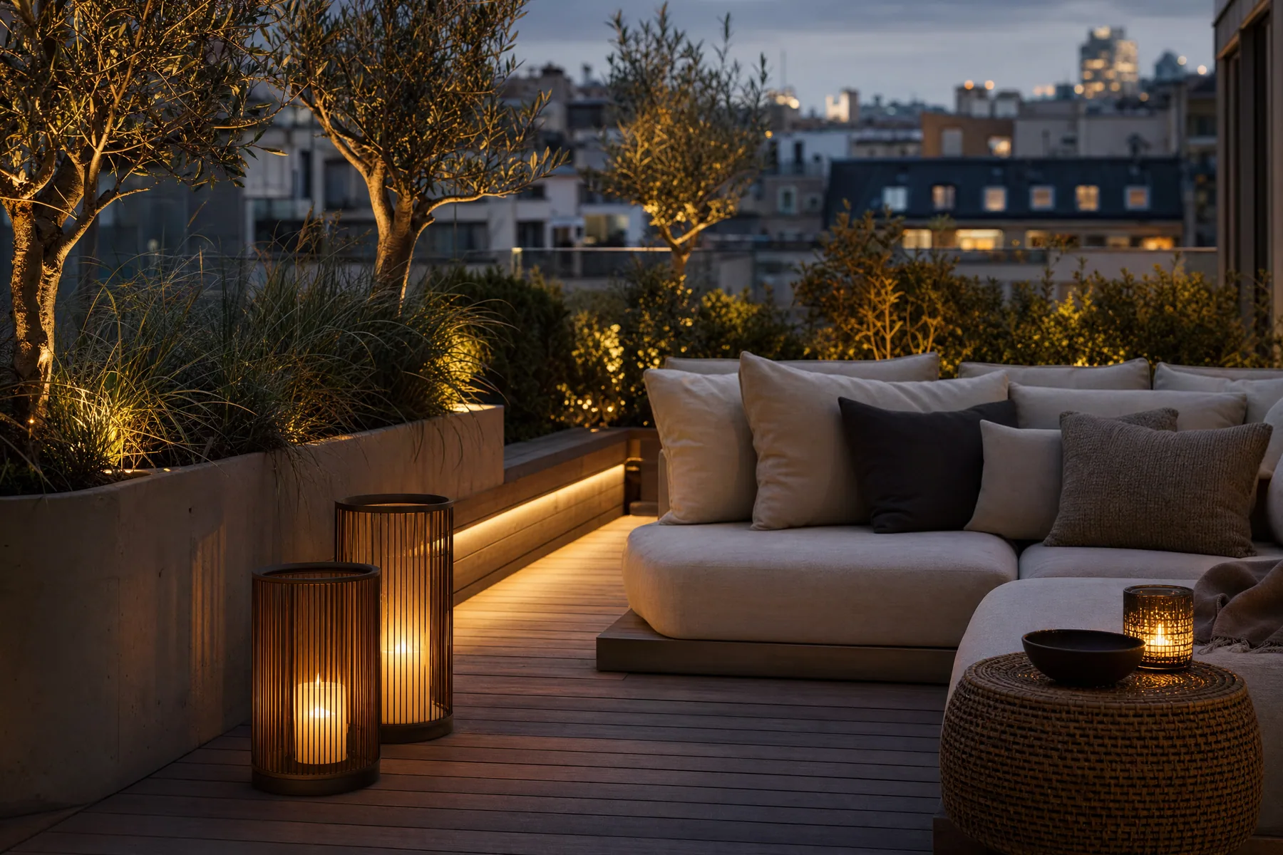 Terrasse mit Pflanzen, Leuchten und Sitzgruppe am Abend